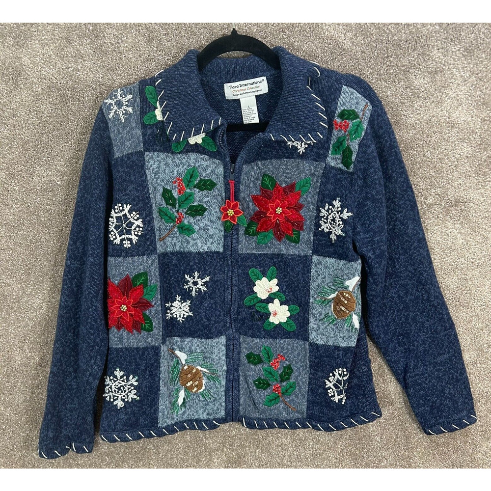 Tiara International Cardigan Large Blue Christmas Embroidered‎ Full Zip Sweater
